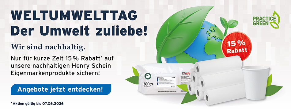 Weltumwelttag - Der Umwelt zuliebe! Wir sind nachhaltig. Nur für kurze Zeit 15 % Rabatt auf unsere nachhaltigen Henry Schein Eigenmarkenprodukte sichern! Aktion bis 07.06.2026.